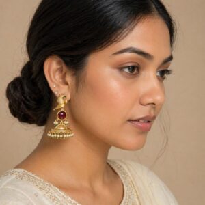 Woman wearing gold plated Mayur bird jhumka earrings with pearls