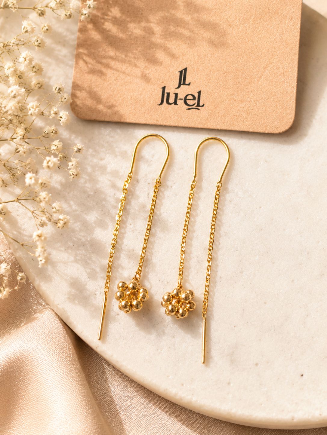 Cluster gold bead threader earrings