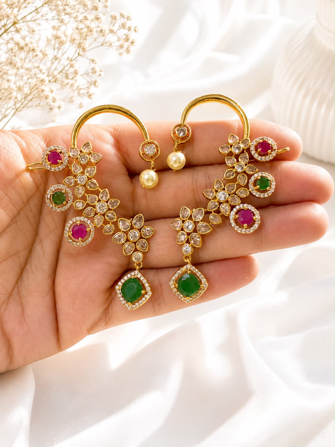 Indirani statement earcuffs pair in gold-plated brass embellished with sparkling AD stones