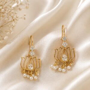 Leela Sui Dhaaga drop earrings in gold-plated brass with lotus motif and round brilliant AD stones