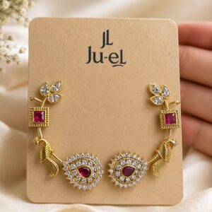 Mrinalini ornate statement earcuff in gold-plated brass with sparkling white and red AD stones