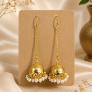 Sui Dhaaga jhumka earrings pair in gold-plated brass with synthetic pearl bead fringe