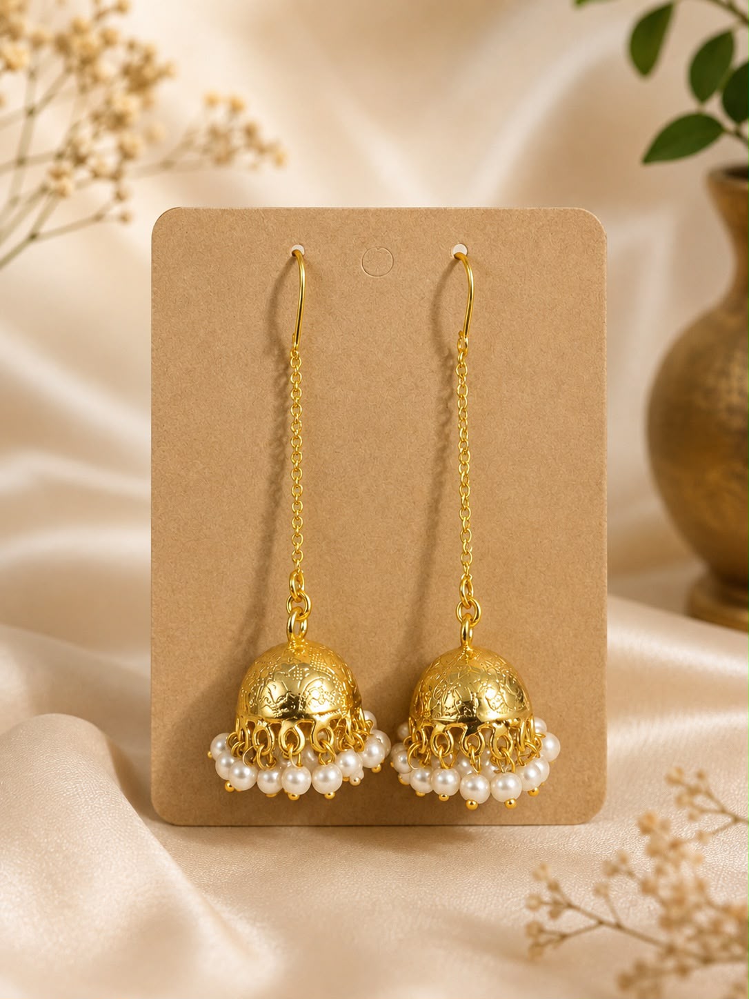 Sui Dhaaga jhumka earrings pair in gold-plated brass with synthetic pearl bead fringe
