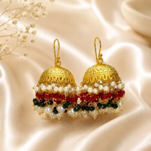 Two Layer Multi jhumka earrings in gold-plated brass with tiered domes, synthetic pearls and colourful beads