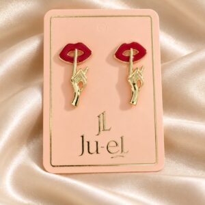 Ju-el Mwah Earrings featuring gold-plated alloy hand and red lips stud design on display card