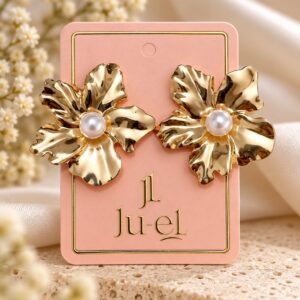 Ju-el Pearl Flower Earrings with electroplated floral petals and pearl-style centre on display card