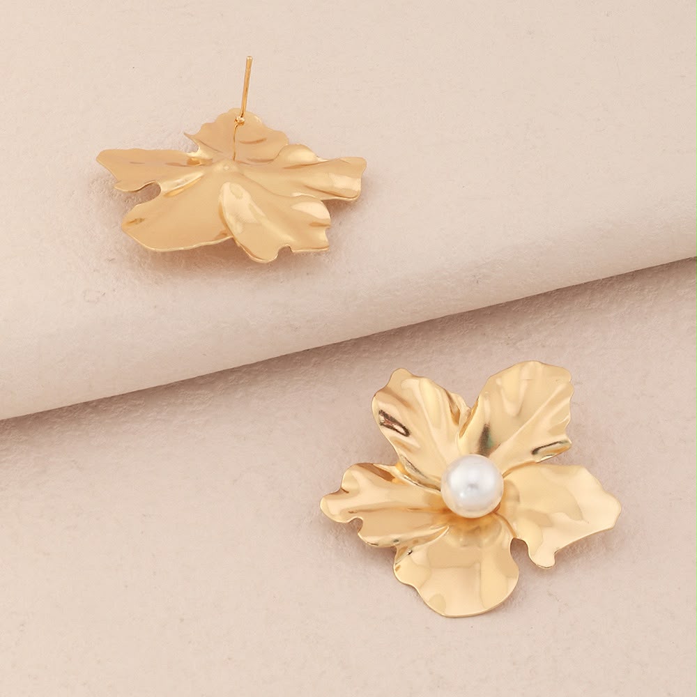 Front and back detail of Ju-el Pearl Flower Earrings showing floral petal shape and post