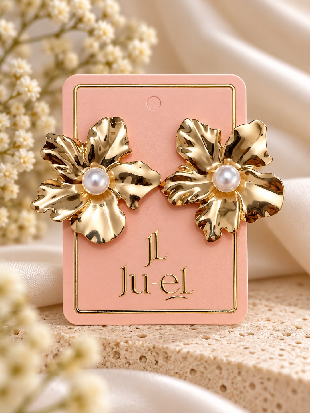 Ju-el Pearl Flower Earrings with electroplated floral petals and pearl-style centre on display card