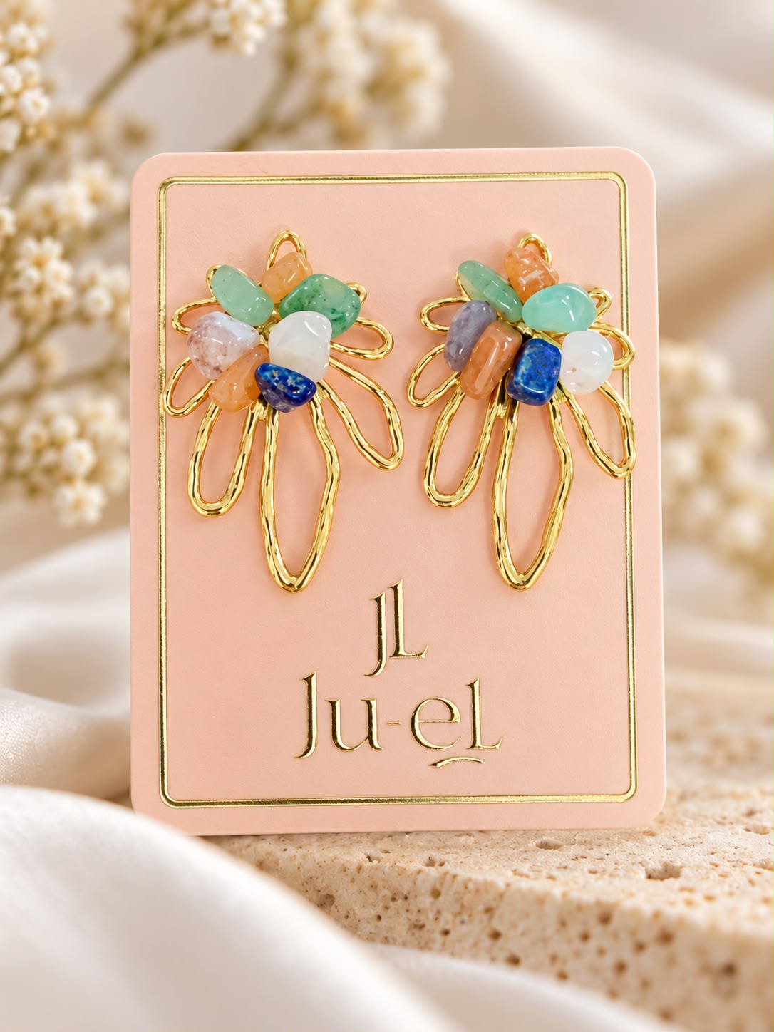 Petal Bloom Earrings in 18K gold plated 304 stainless steel with multicolour natural stones by Ju-el