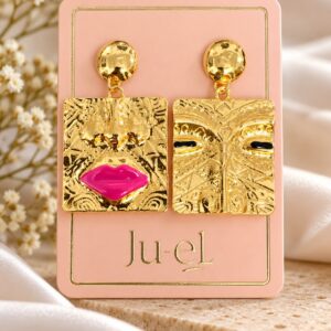 Pop Concept Earrings in gold-tone electroplated zinc alloy with asymmetric square abstract face and pink lips design by Ju-el