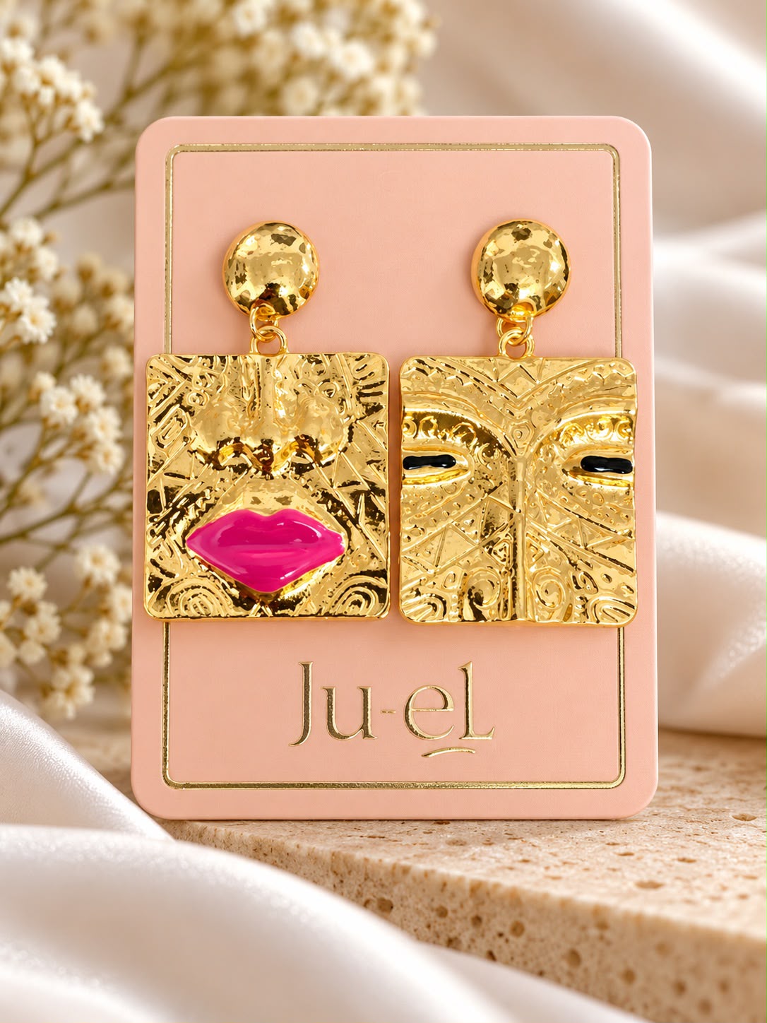 Pop Concept Earrings in gold-tone electroplated zinc alloy with asymmetric square abstract face and pink lips design by Ju-el